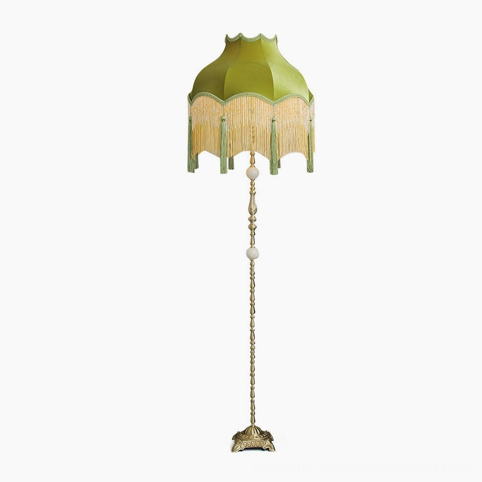 Kennedy mid-century modern green fabric floor lamp full frontal studio view with brass base and tassel detail