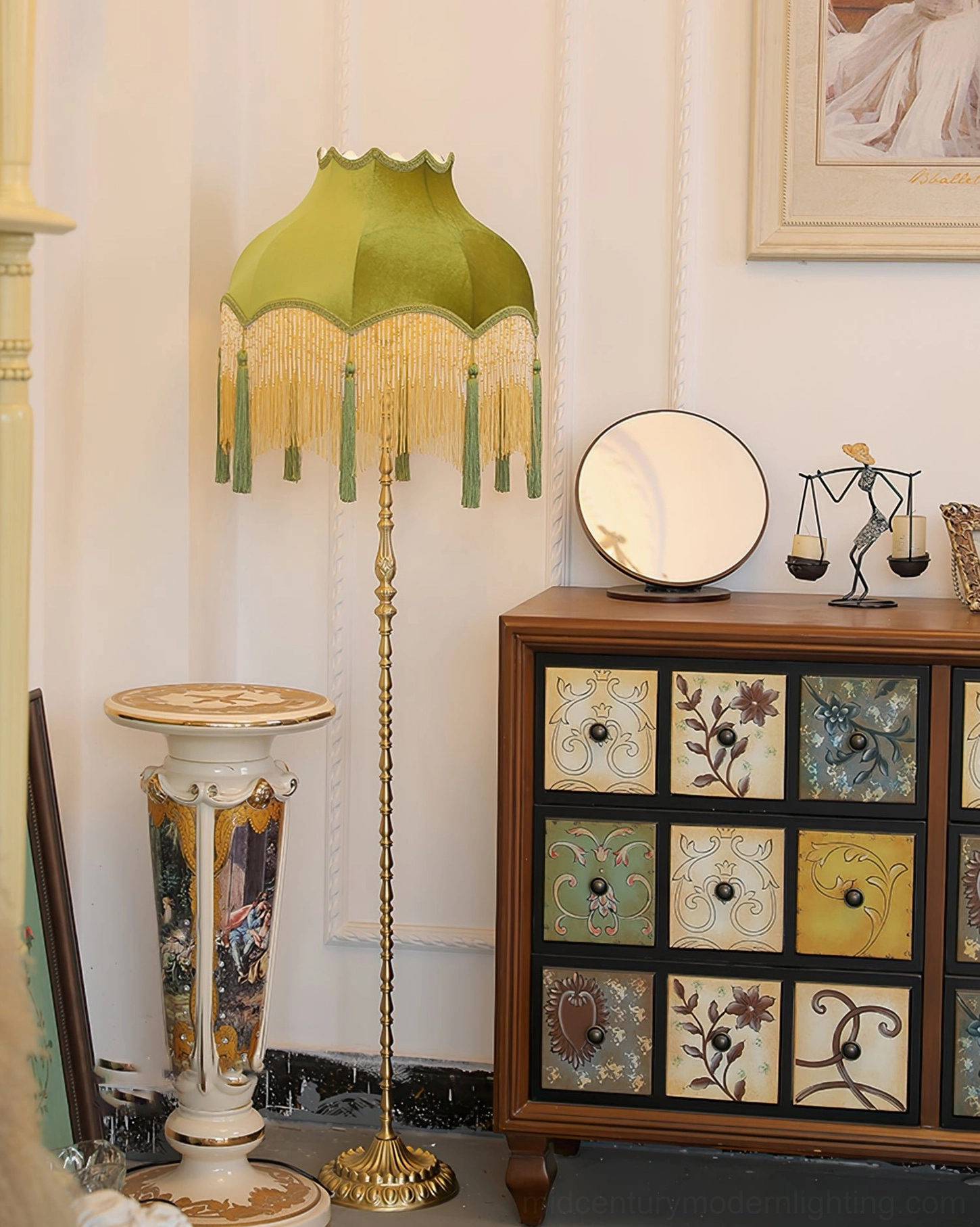 Kennedy mid-century modern green floor lamp elegant vintage home design with decorative cabinet and ornaments