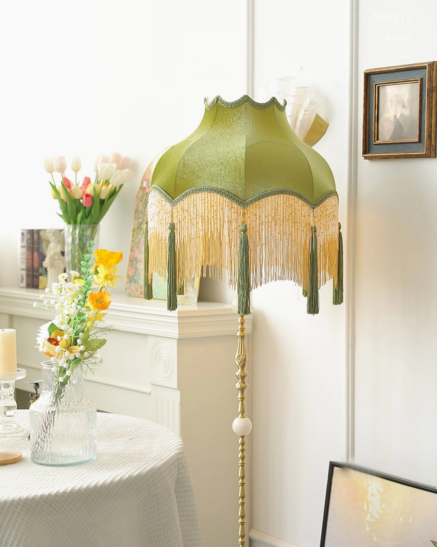 Kennedy mid-century modern floor lamp full height display emerald green fabric shade with tassel