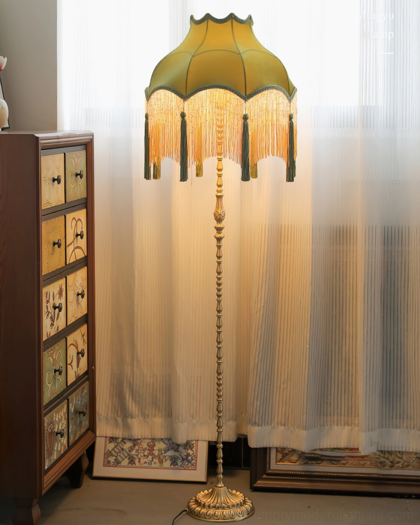 Kennedy green fabric floor lamp classic vintage home style with sheer curtains and vintage cabinet