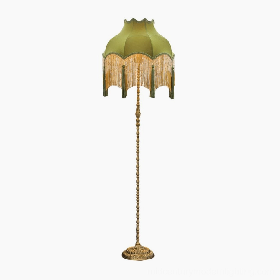 Kennedy mid-century modern floor lamp Model B emerald green fabric shade brass frame global plug options