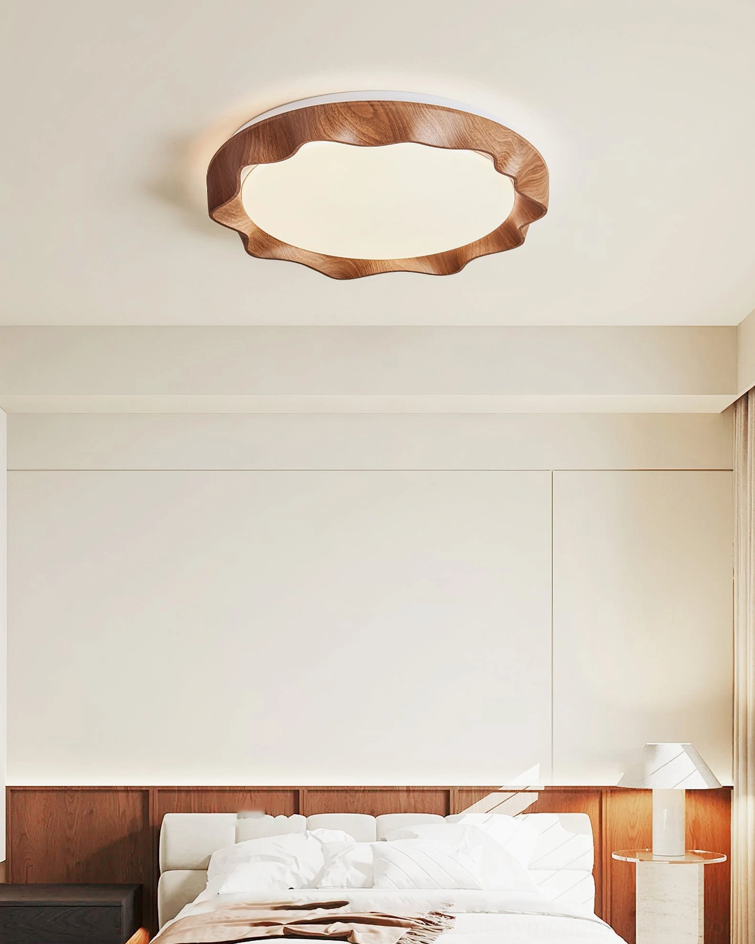 Kerio flush mount ceiling light mounted above wood panel headboard in bedroom interior