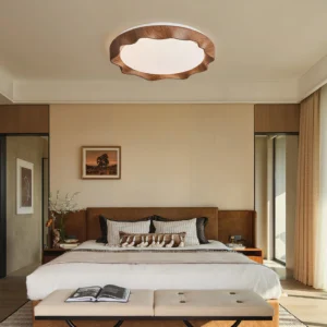 Kerio flush mount ceiling light installed in luxury master bedroom with warm ambient lighting