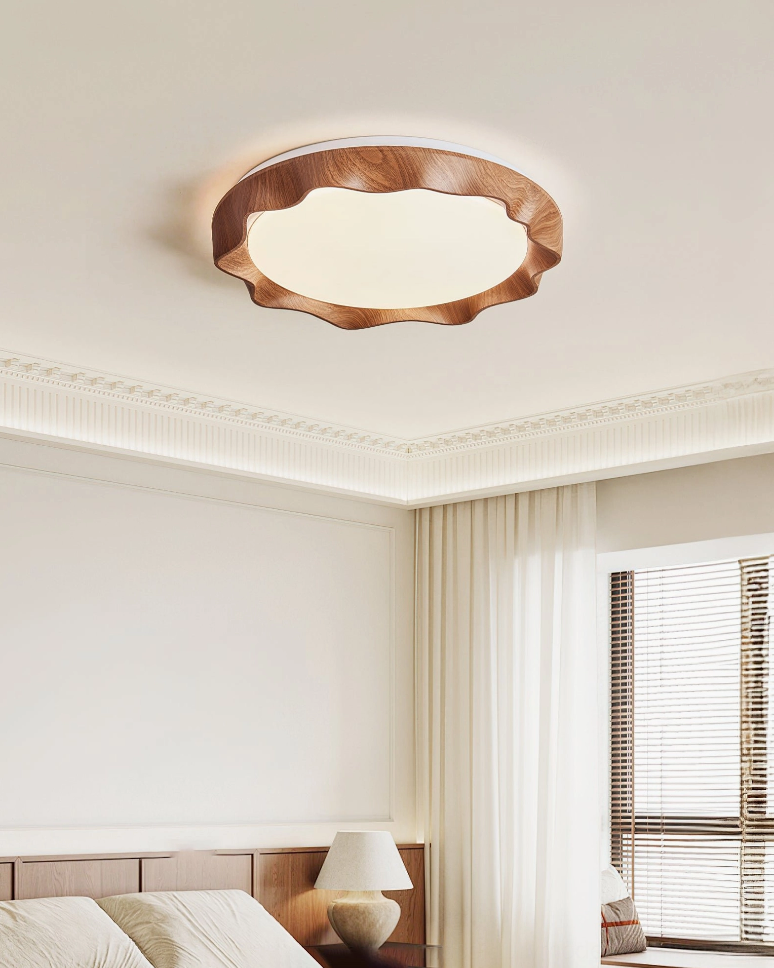 Kerio wood trim ceiling lamp in minimalist bedroom with window light, creating soft illumination