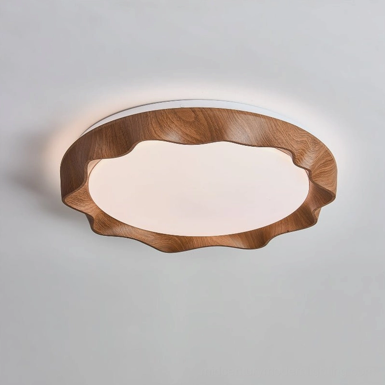 Kerio walnut color ceiling light with triac warm dimming feature, elegant wood grain finish
