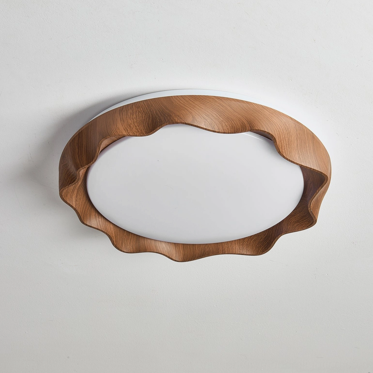 Kerio dark wood grain scalloped ceiling light unlit, showcasing detailed wood texture and frame