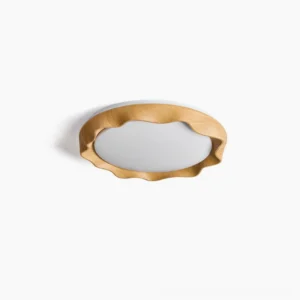 Kerio mid-century modern ceiling light with wavy wood frame and frosted acrylic diffuser, front view on white background