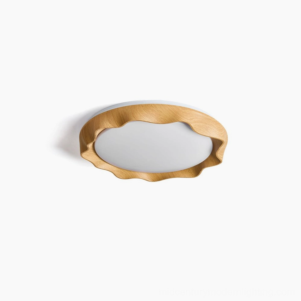 Kerio mid-century modern ceiling light with wavy wood frame and frosted acrylic diffuser, front view on white background