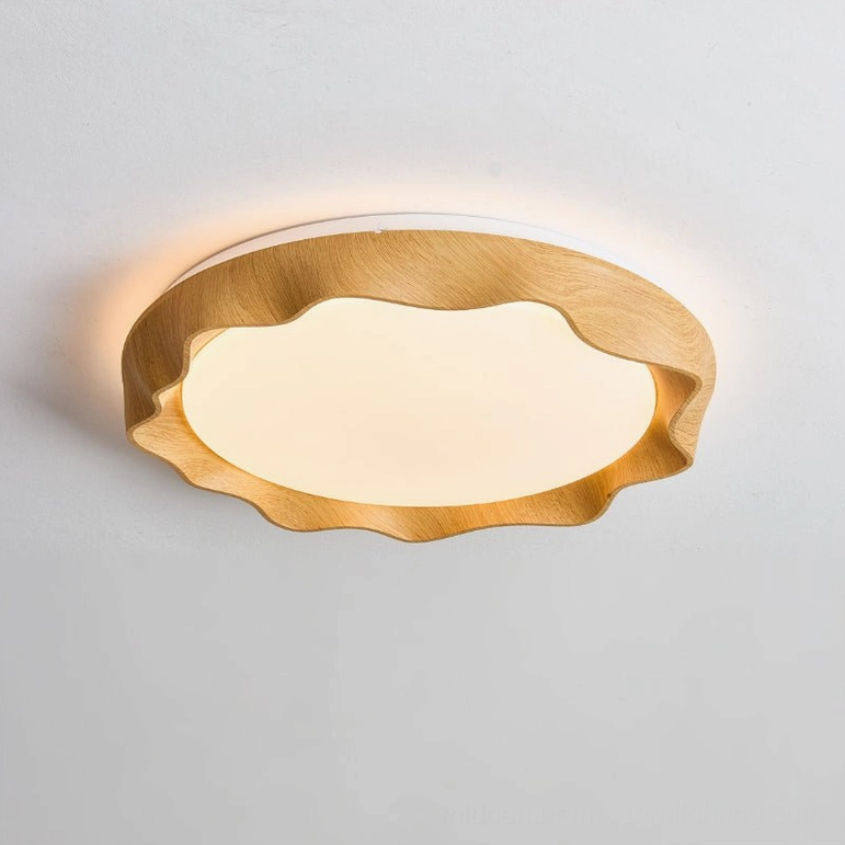 Kerio natural wood finish ceiling light with warm dimming capability, detailed side view