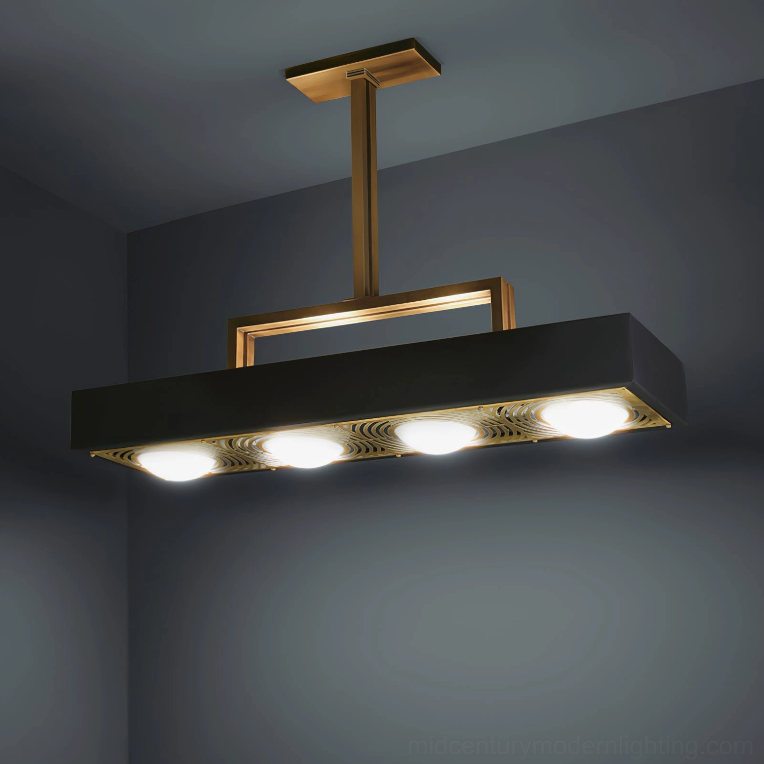 Black and gold Kernel chandelier pendant with illuminated glass spheres in ambient room lighting