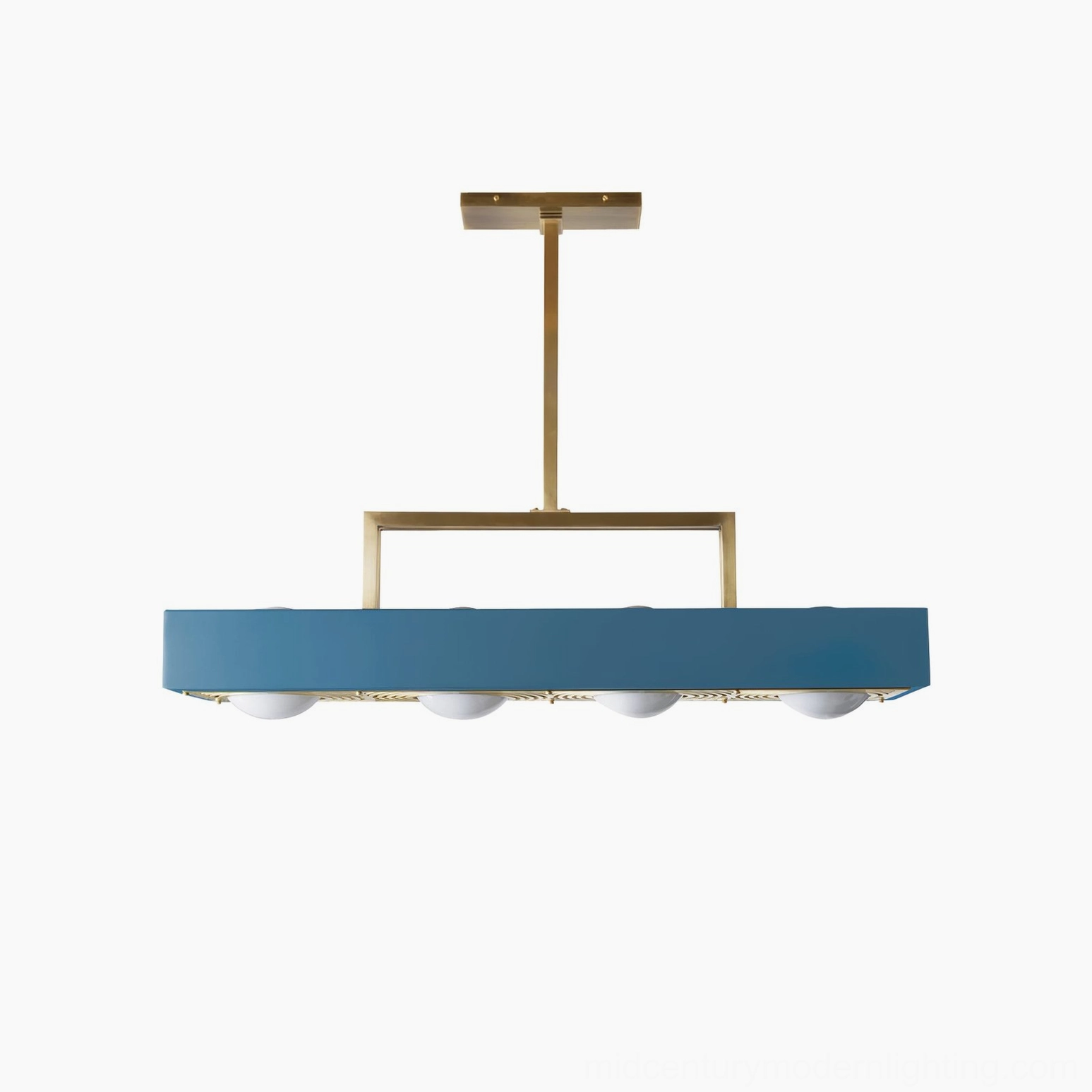Matte blue Kernel pendant light with gold hardware overhead studio photography