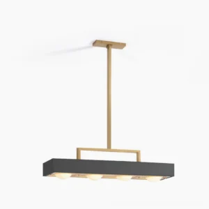 Kernel geometric pendant light with black metal frame and four white glass spheres in studio setting