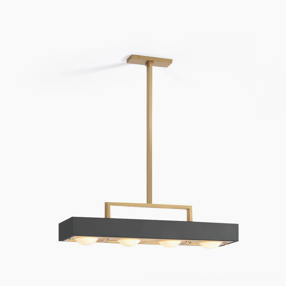 Kernel geometric pendant light with black metal frame and four white glass spheres in studio setting