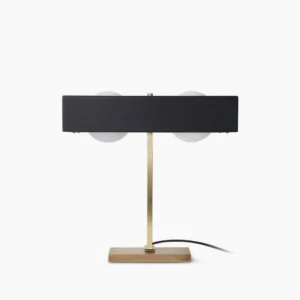 Kernel mid-century modern table lamp with dual frosted glass globes and solid metal base, front view on white background