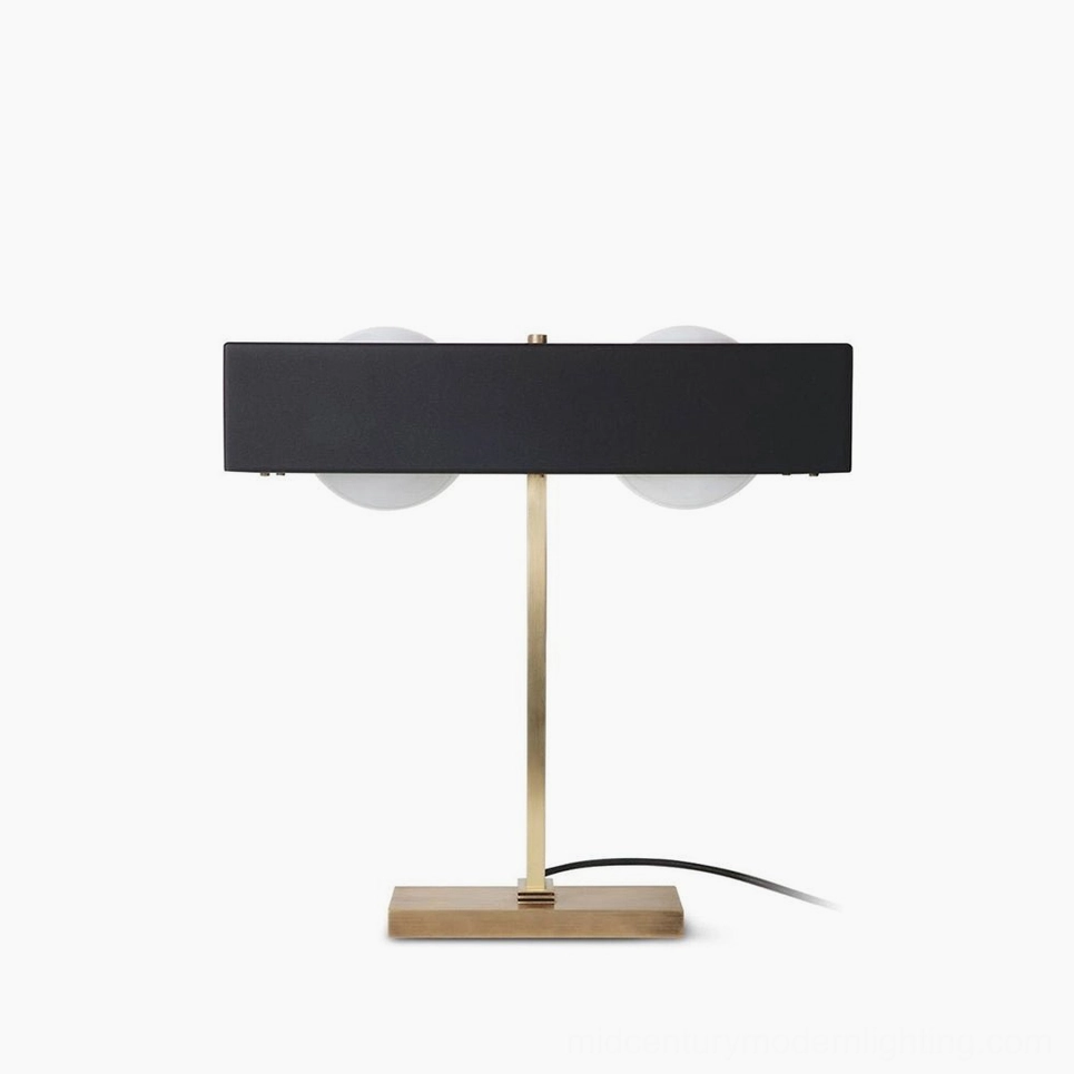 Kernel mid-century modern table lamp with dual frosted glass globes and solid metal base, front view on white background