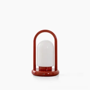 Kero cordless portable table lamp with red metal frame and frosted glass shade, front view on white background