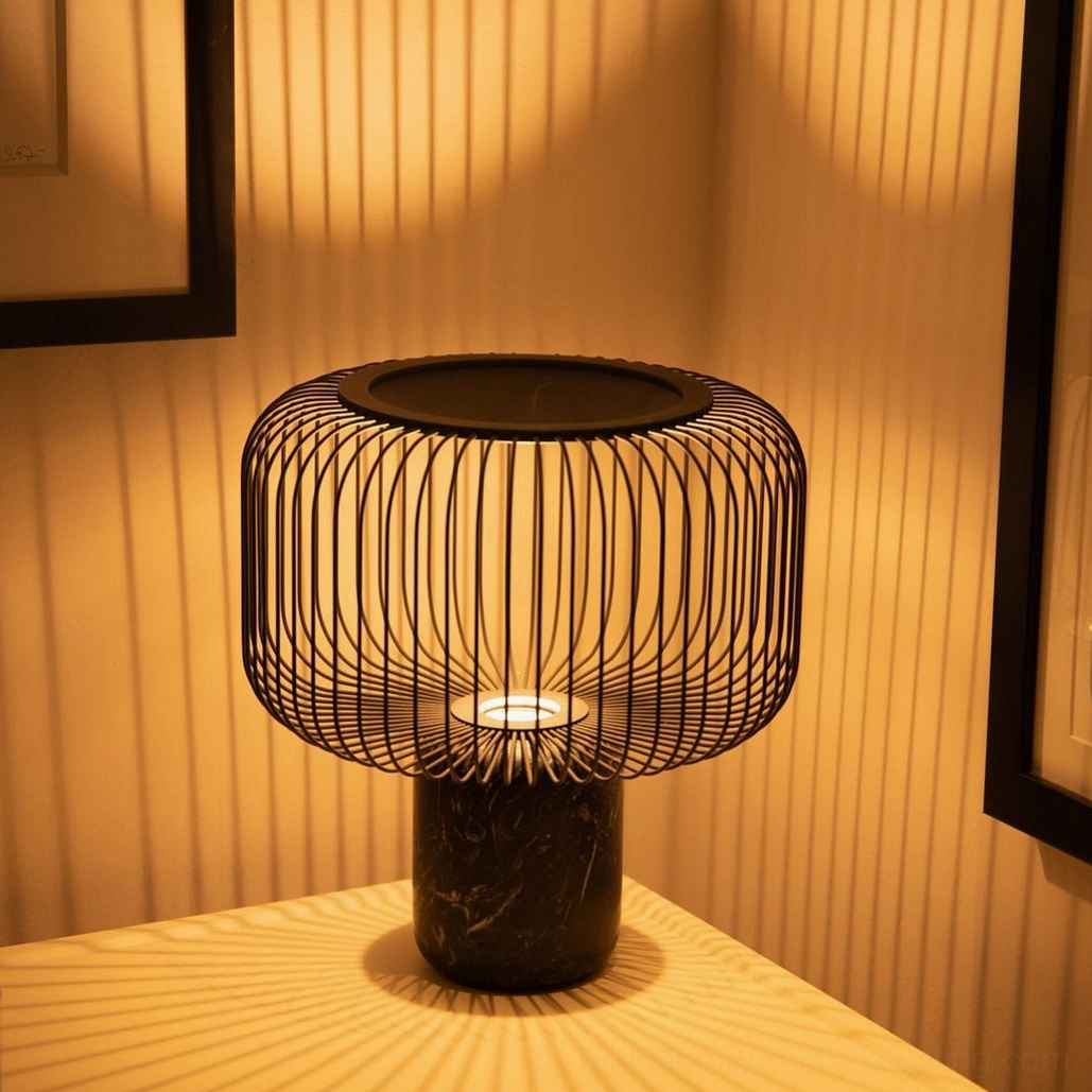 Keshi table lamp showing complete product design metal shade and natural stone base assembly