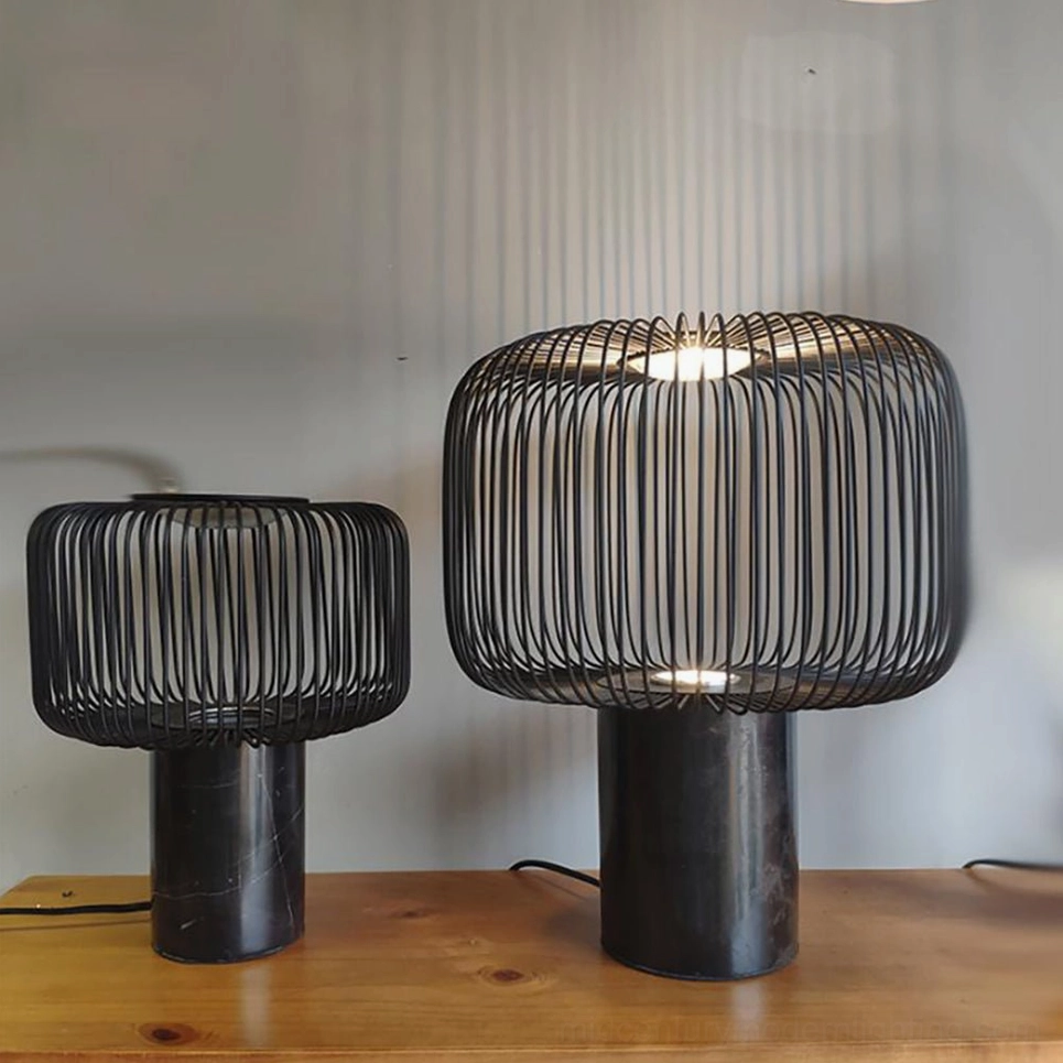 Keshi black marble lamp showing metal cage construction and marble base craftsmanship
