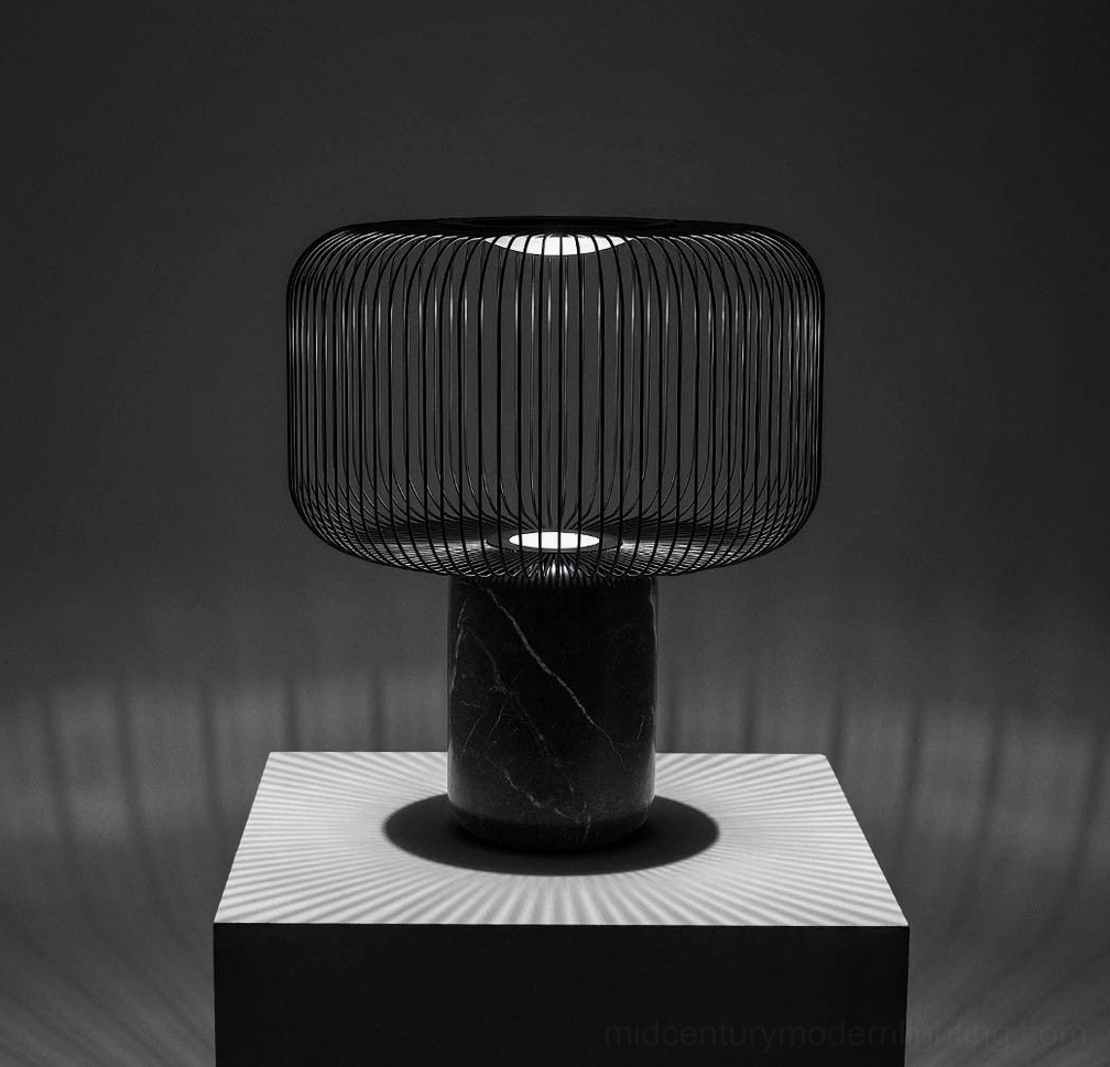 Keshi black marble lamp Standard model on contemporary dining console with accessories