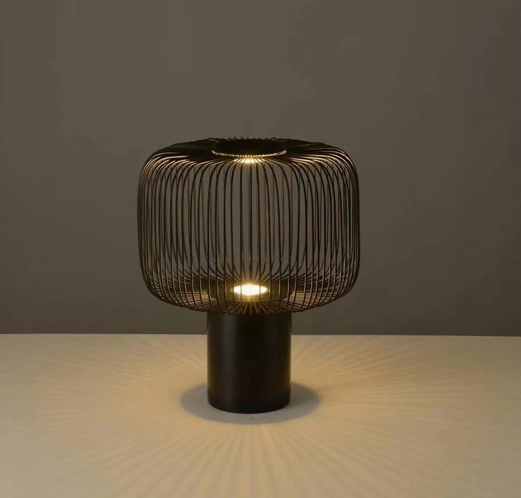 Keshi table lamp creating striped shadow projection on interior wall architectural detail