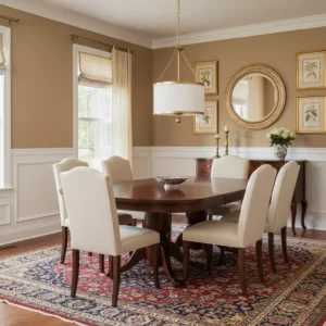 Kian mid-century modern pendant light installed over formal dining table in neoclassical room setting