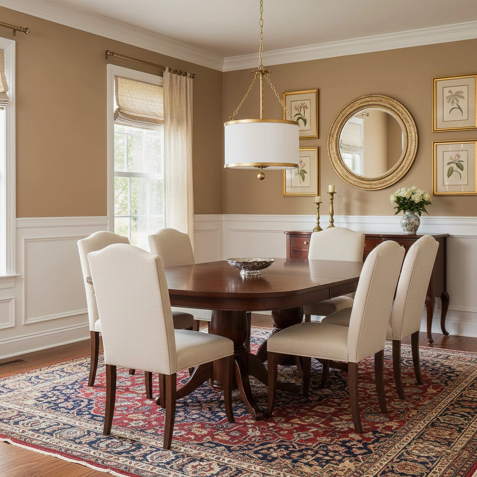 Kian mid-century modern pendant light installed over formal dining table in neoclassical room setting