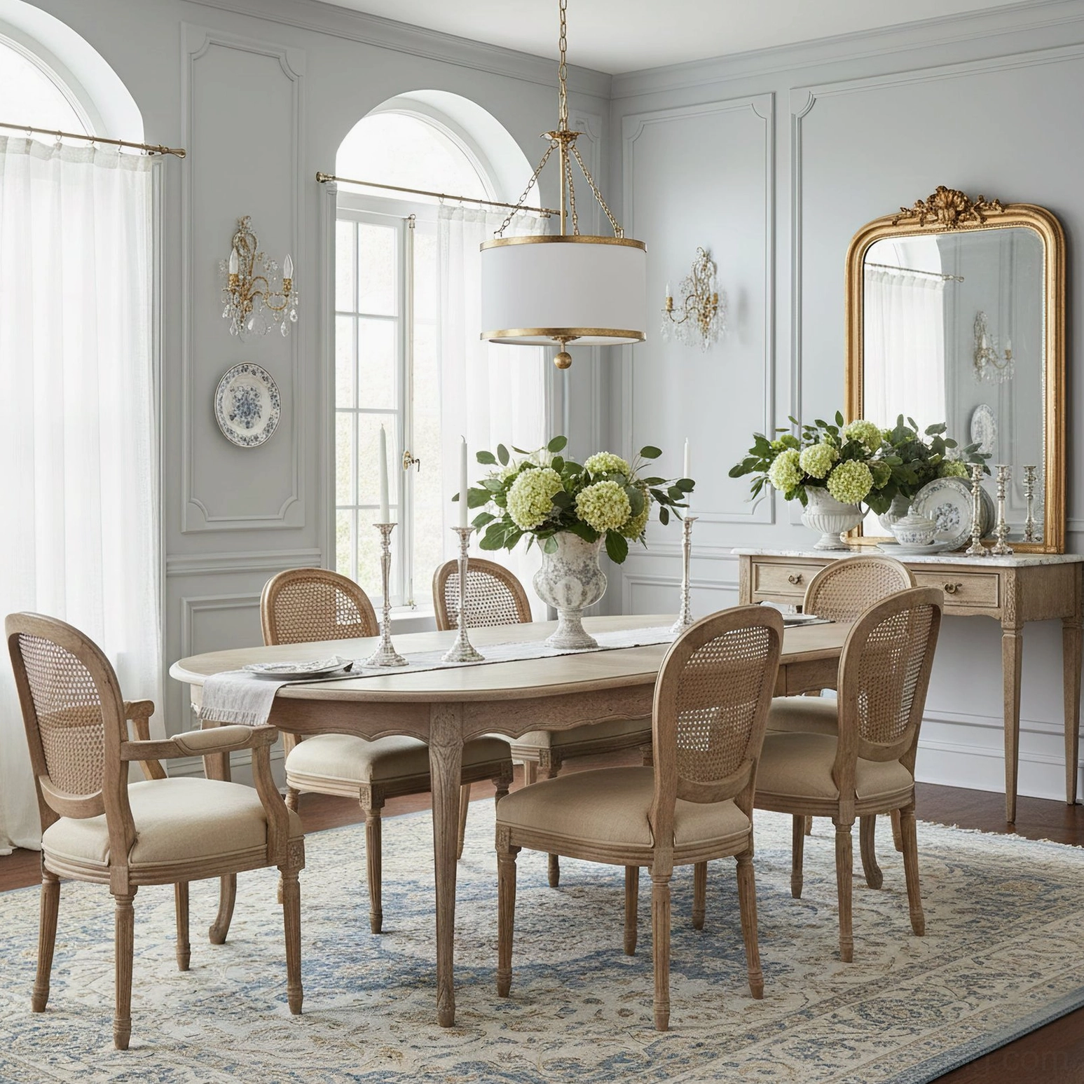 Kian drum pendant light in elegant dining room with light blue wall paneling and contemporary seating