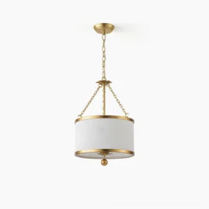 Kian drum pendant light with white fabric shade and gold metallic accents, front studio view