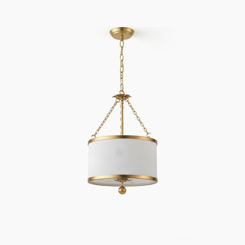 Kian drum pendant light with white fabric shade and gold metallic accents, front studio view