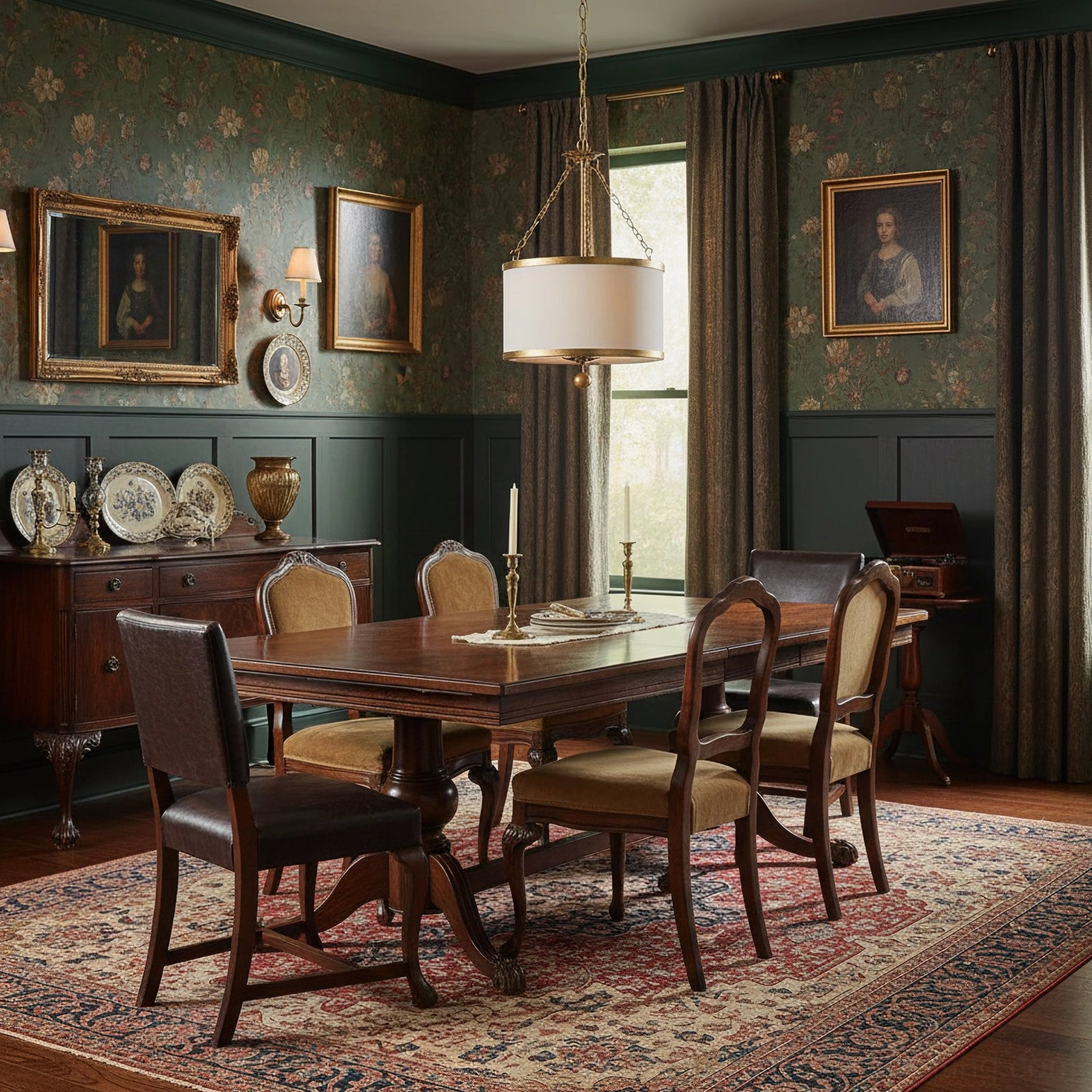 Kian mid-century modern pendant fixture in classic dining room with floral wallpaper and ornate artwork