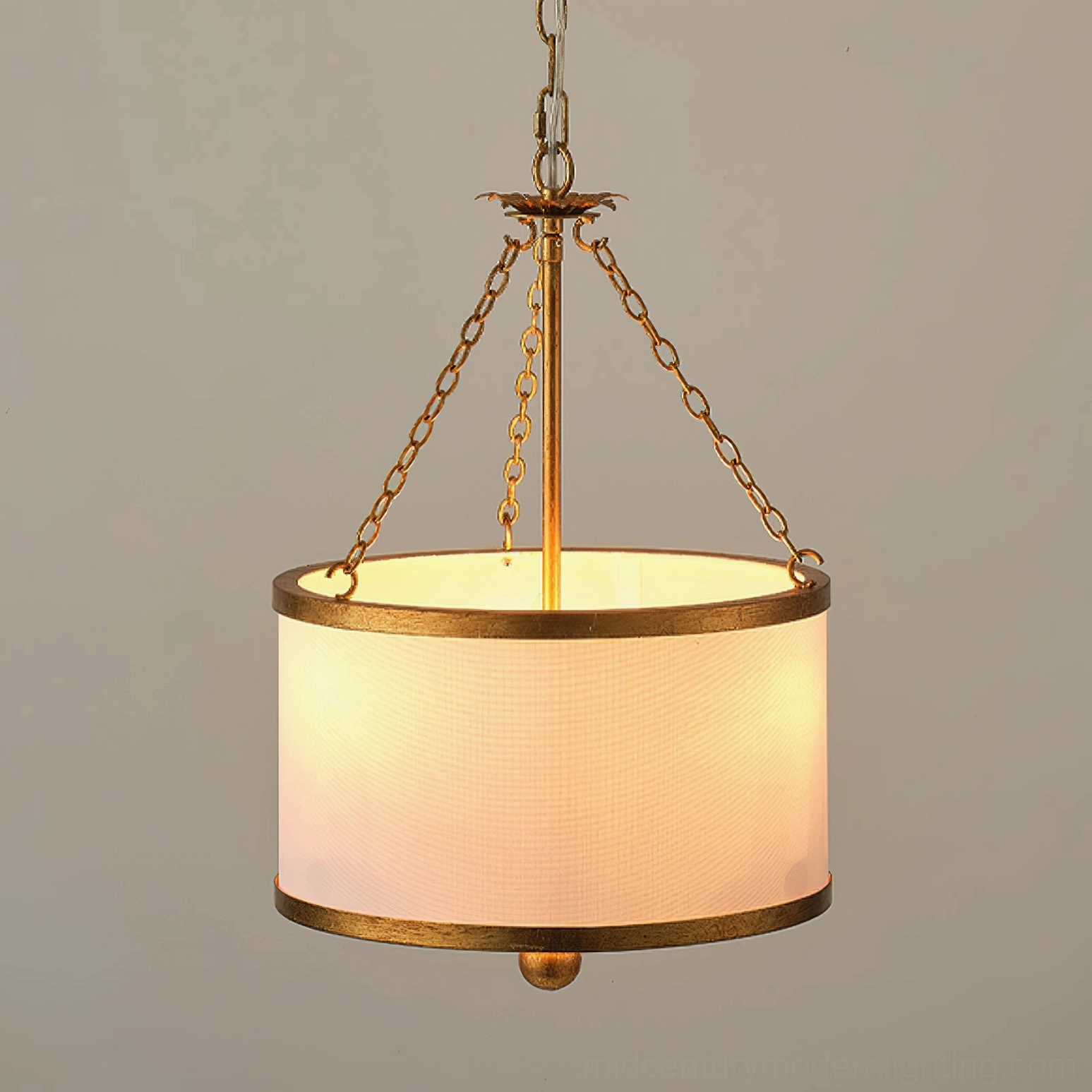 Kian mid-century modern drum pendant light showing fabric shade texture and light diffusion