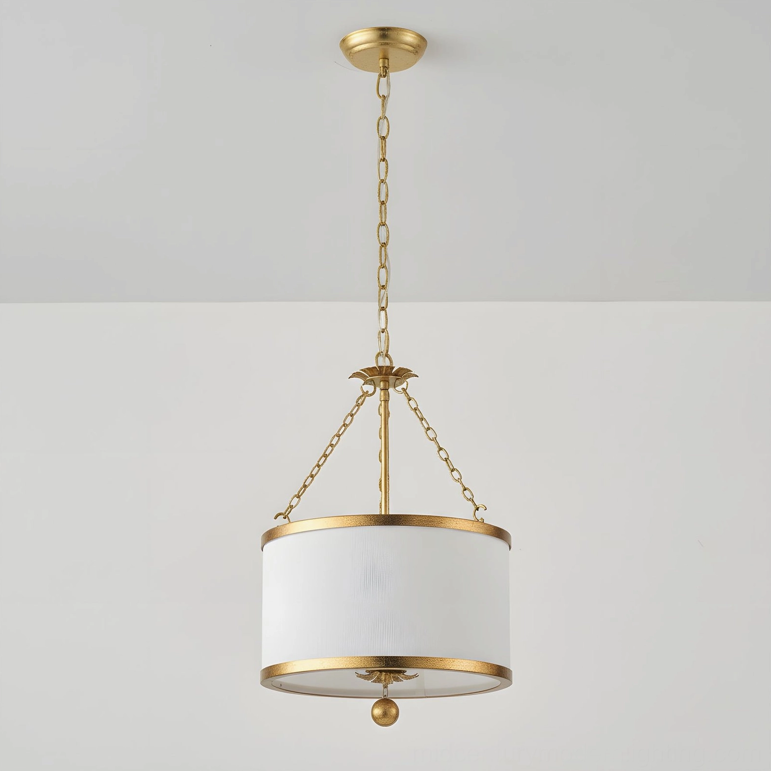 Kian pendant light with gold brass accents and white fabric shade, elegant finish front view