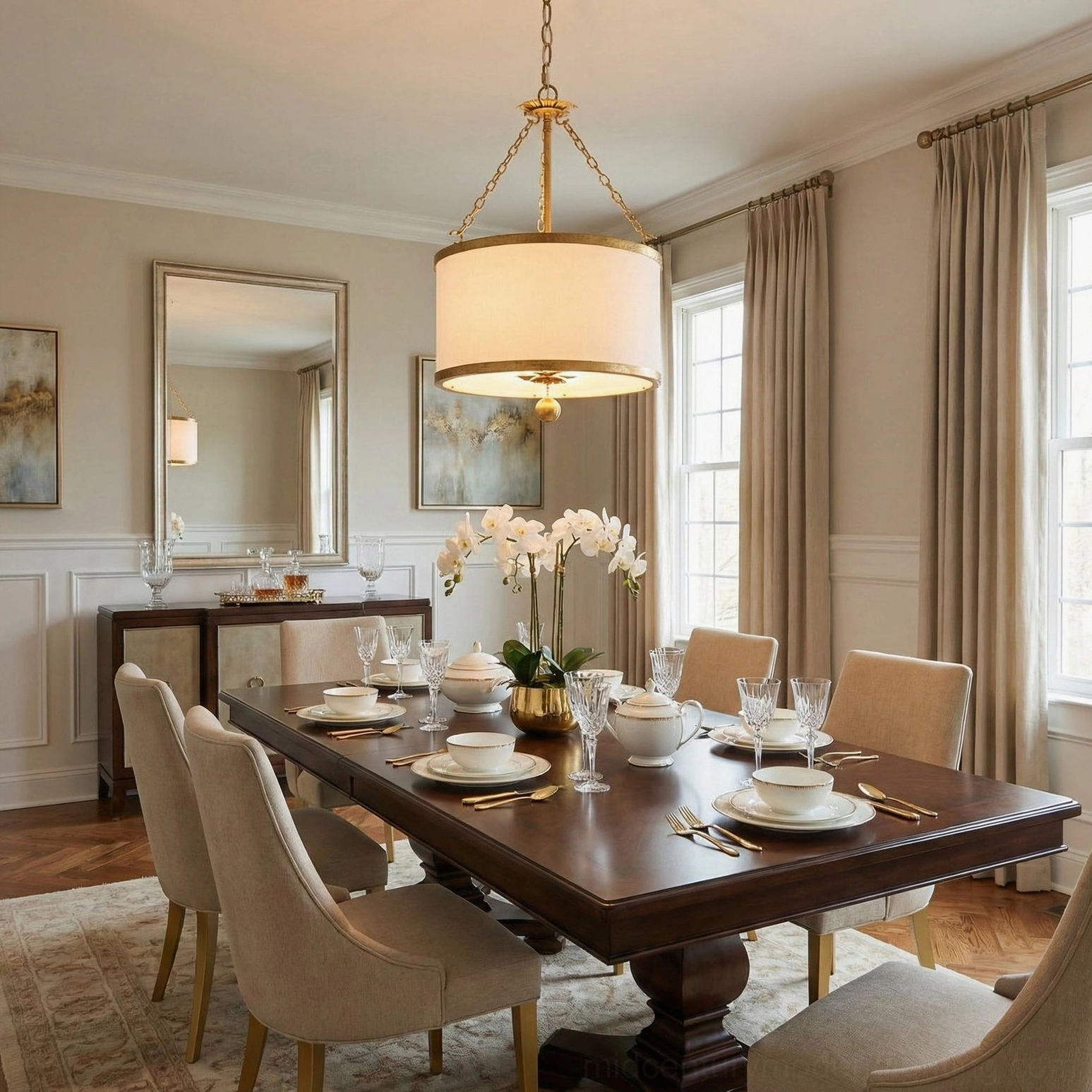 Kian fabric shade pendant light hung above dining set with neutral beige curtains in transitional interior