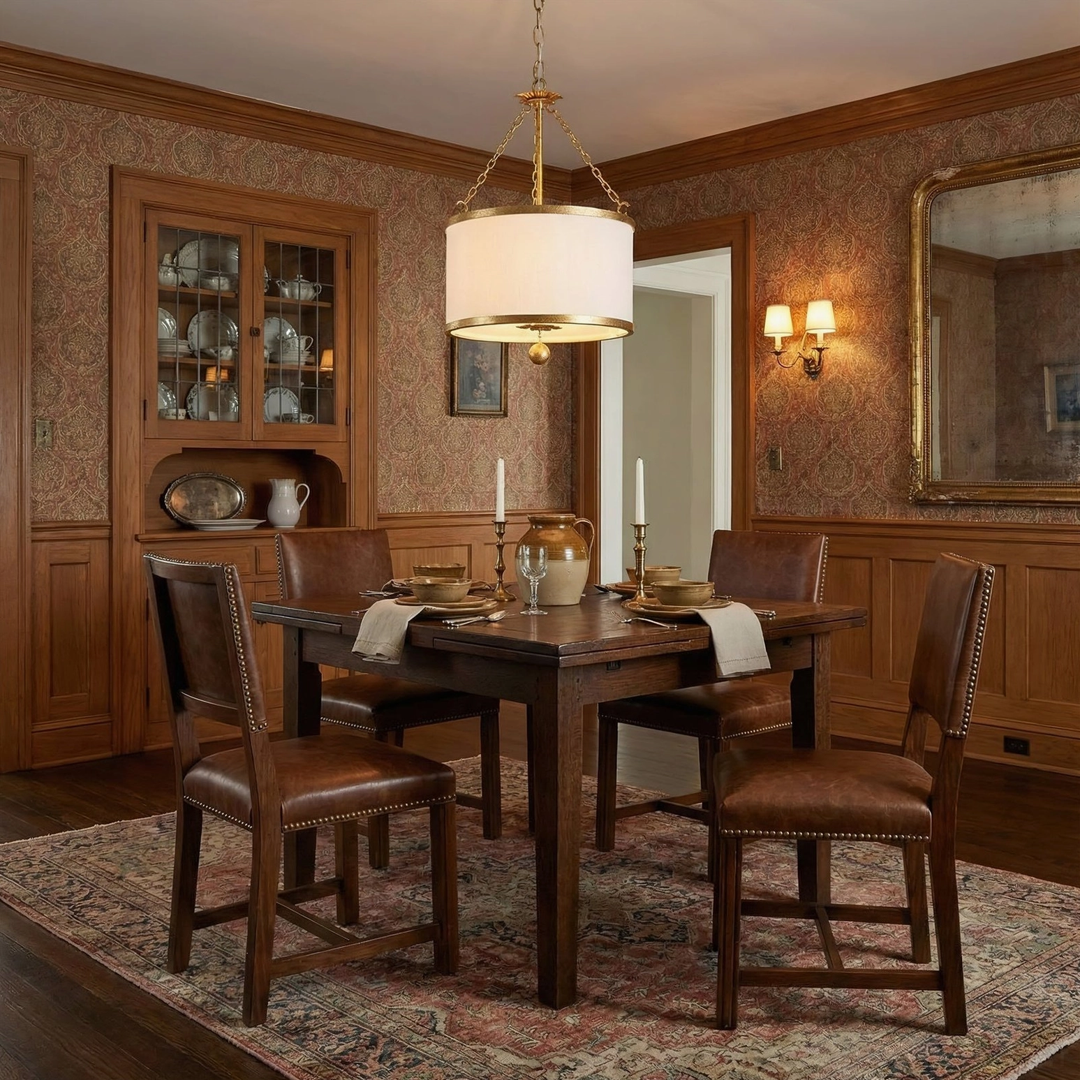 Kian pendant light with metallic accents in vintage wood-paneled dining room with patterned area rug