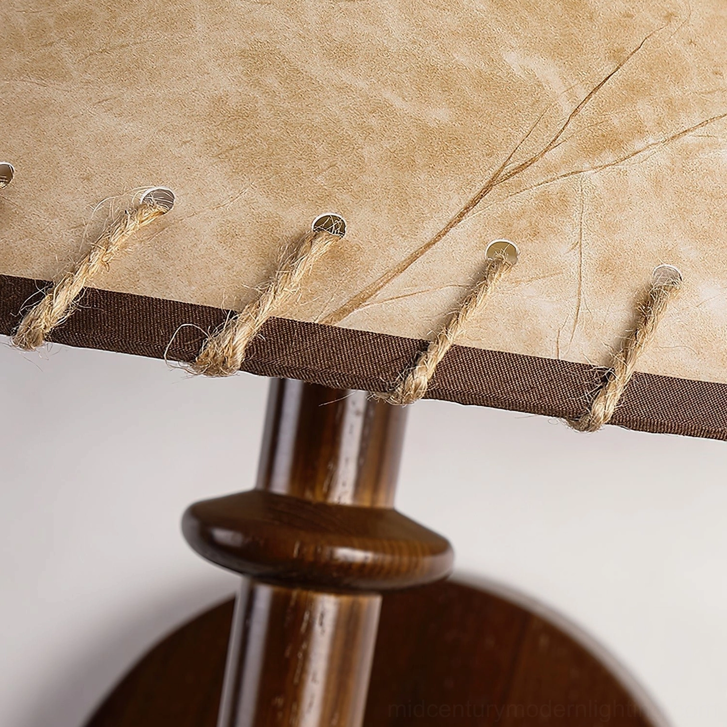 Kibo mid-century modern wood wall lamp showing complete profile and fabric shade construction