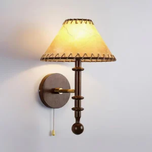 Walnut color Kibo wood wall lamp showing natural wood grain texture and metal mounting hardware, three-quarter view