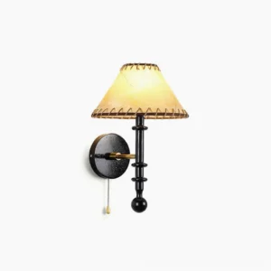 Kibo mid-century modern wood wall sconce with handcrafted fabric shade and decorative edge stitching, frontal view on white background