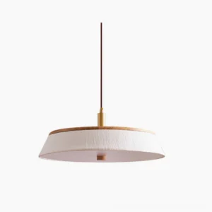 Kimber disc pendant lamp with white crinkled paper shade and natural wood trim, minimalist Japandi design on white background