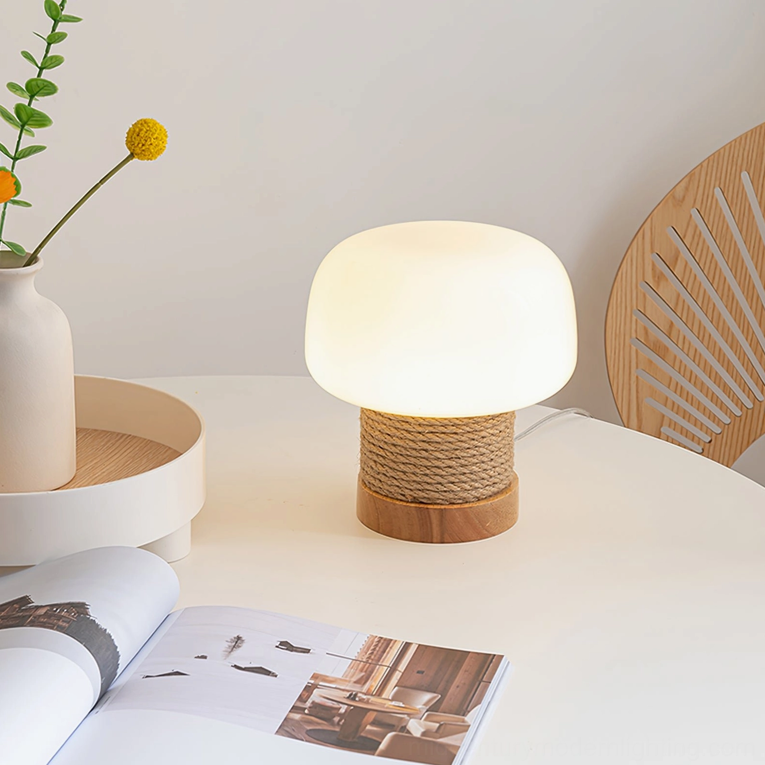 Kimjit modern table lamp with jute rope detail displayed on dining table with decor