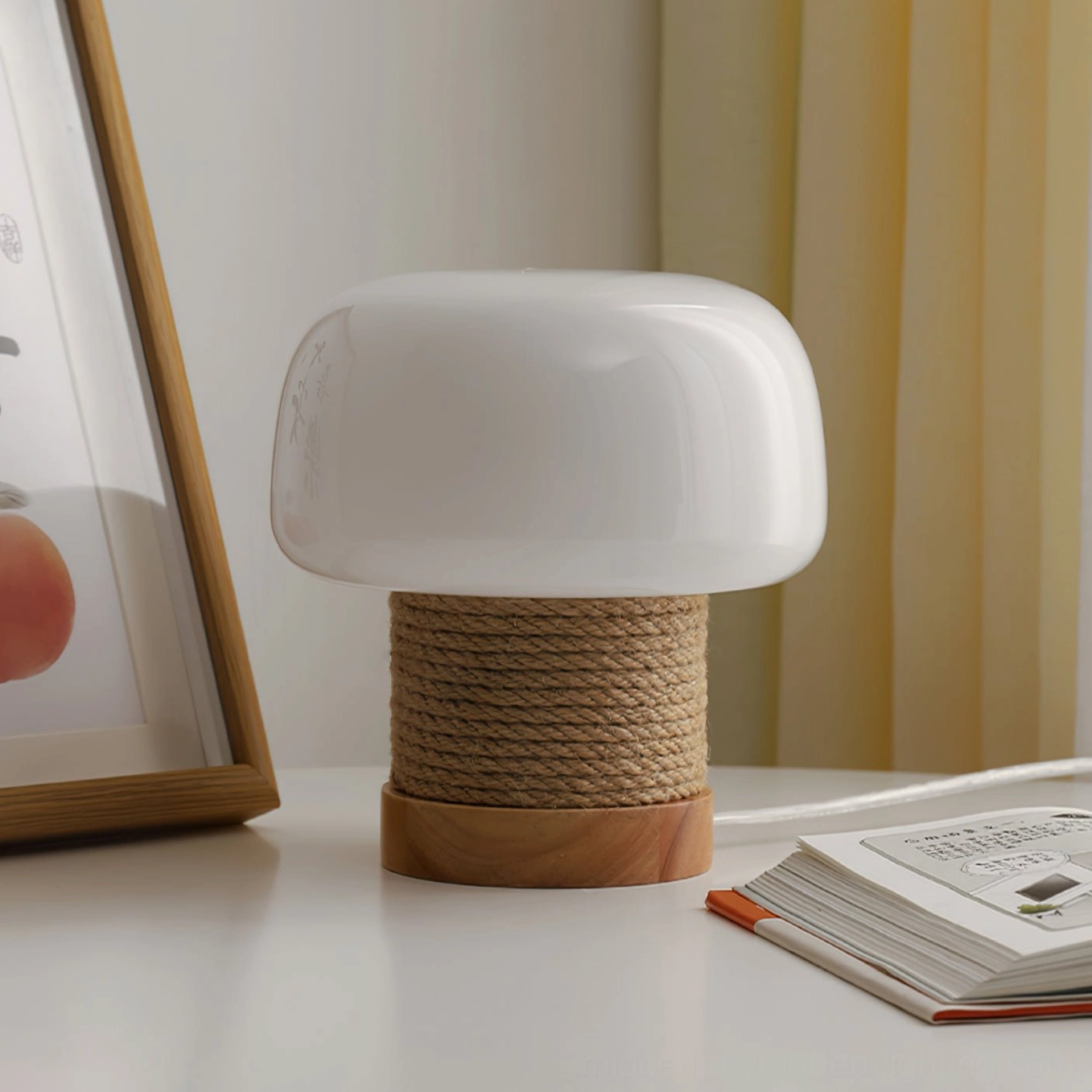 Nordic design mushroom table lamp beside reading materials and home accessories