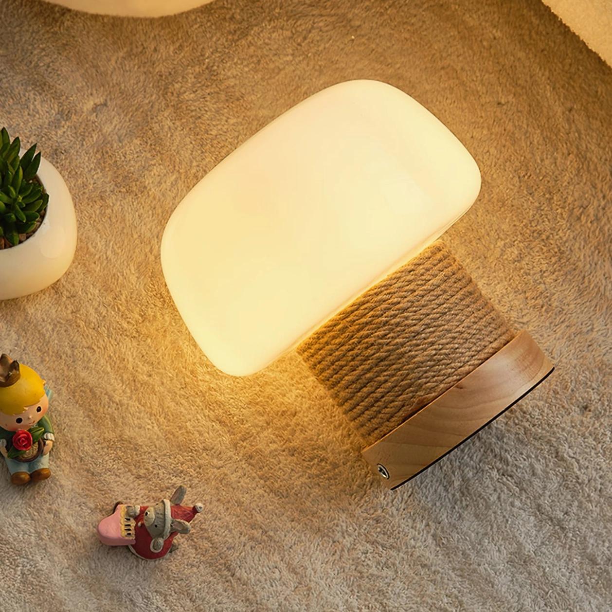 Modern minimalist mushroom table lamp with white glass shade and wooden base