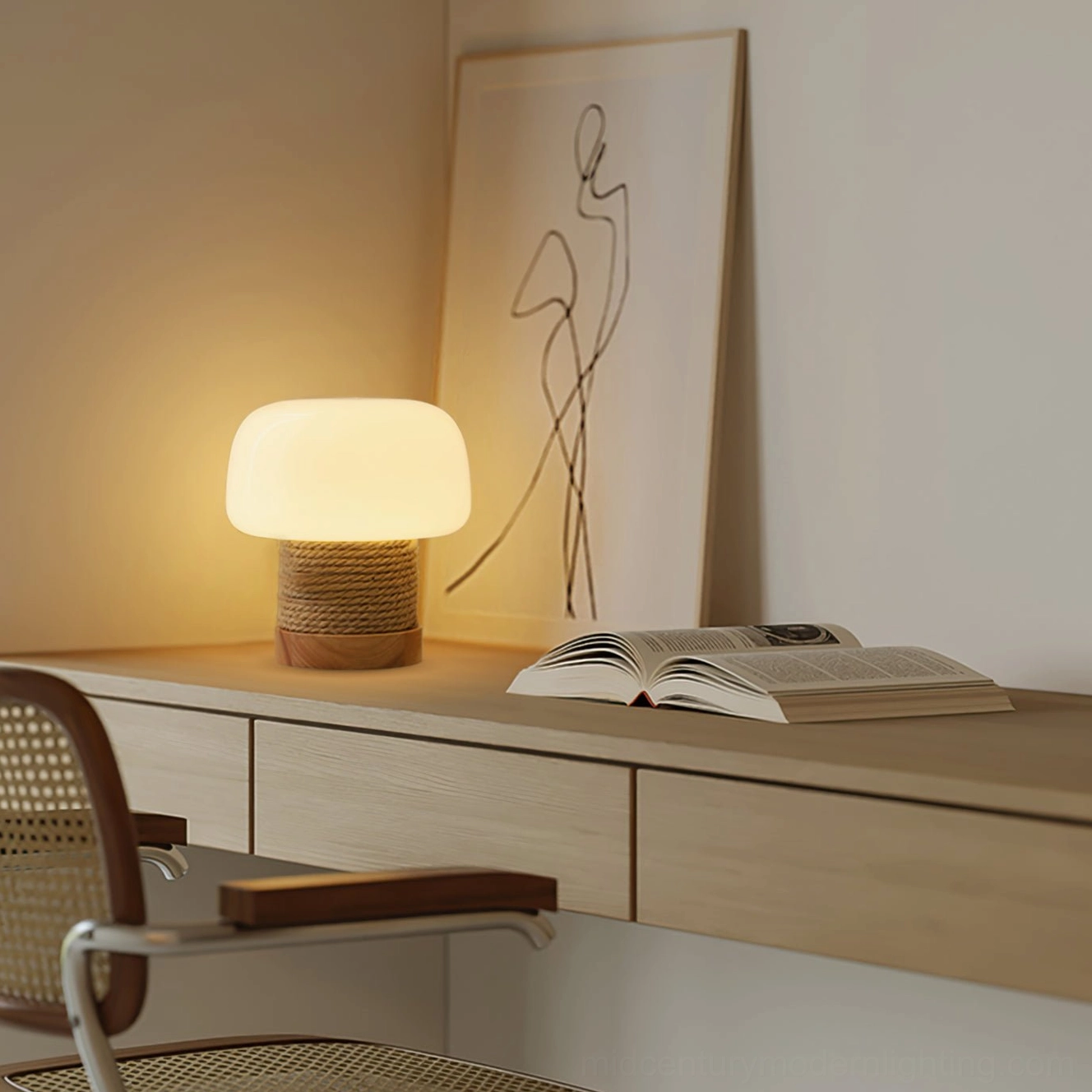 Organic modern Kimjit mushroom lamp with frosted white glass and rubber wood base