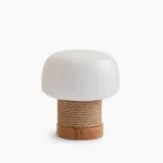 Kimjit mushroom table lamp with natural wood base and white glass shade - front studio view