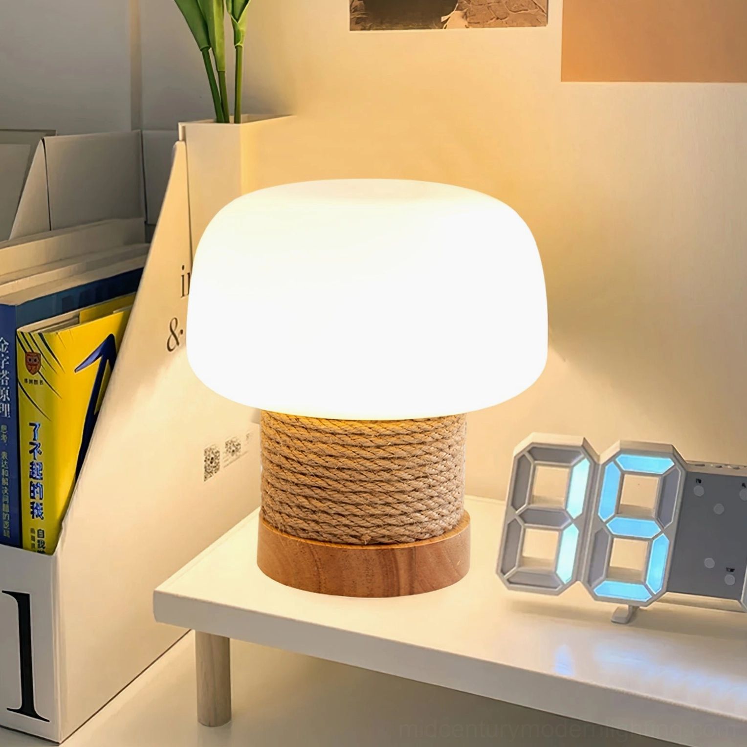 Nordic-inspired mushroom lamp with hemp rope wrapped middle section detail