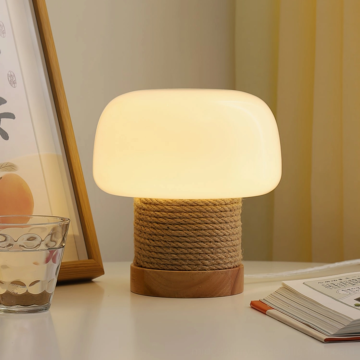 Kimjit mushroom lamp displaying sustainable rubber wood and natural jute construction