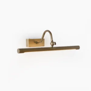 Kingsbury linear brass wall sconce frontal view, antique brass finish, cylindrical LED bar mounted on white background