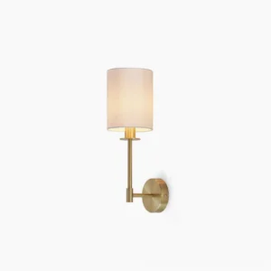 Kington brass wall sconce with cylindrical linen fabric shade, frontal studio view on white background