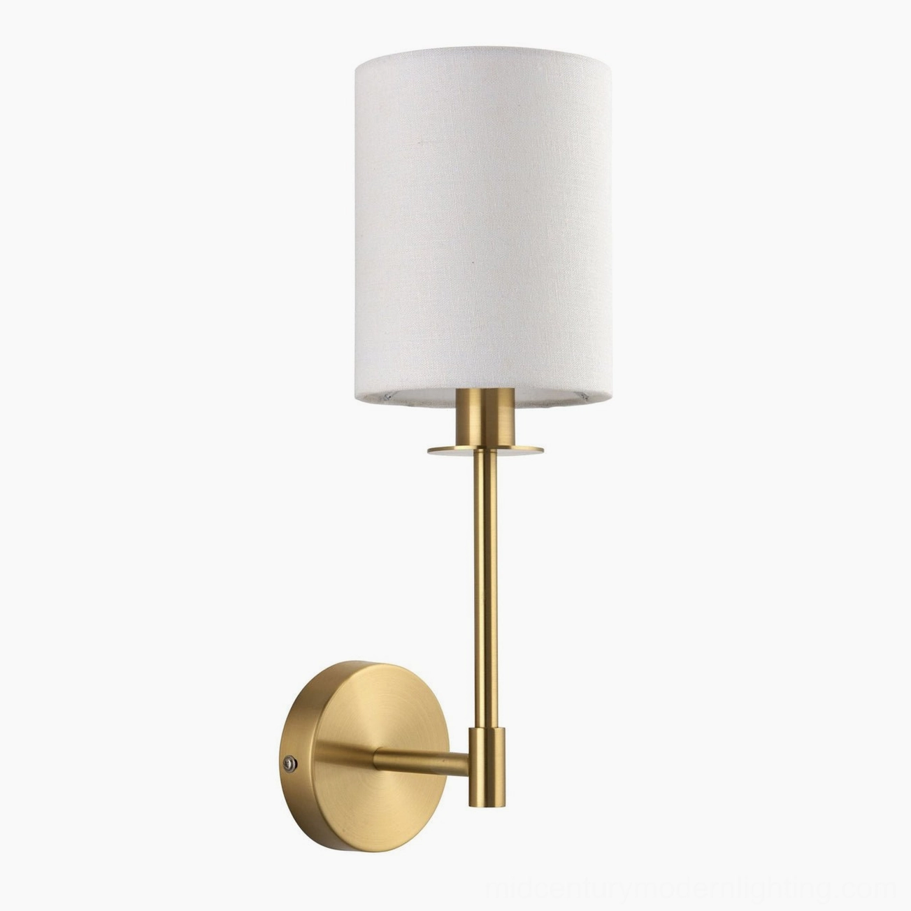 Kington tall brass wall sconce with elongated arm and oversized linen shade, minimalist studio view