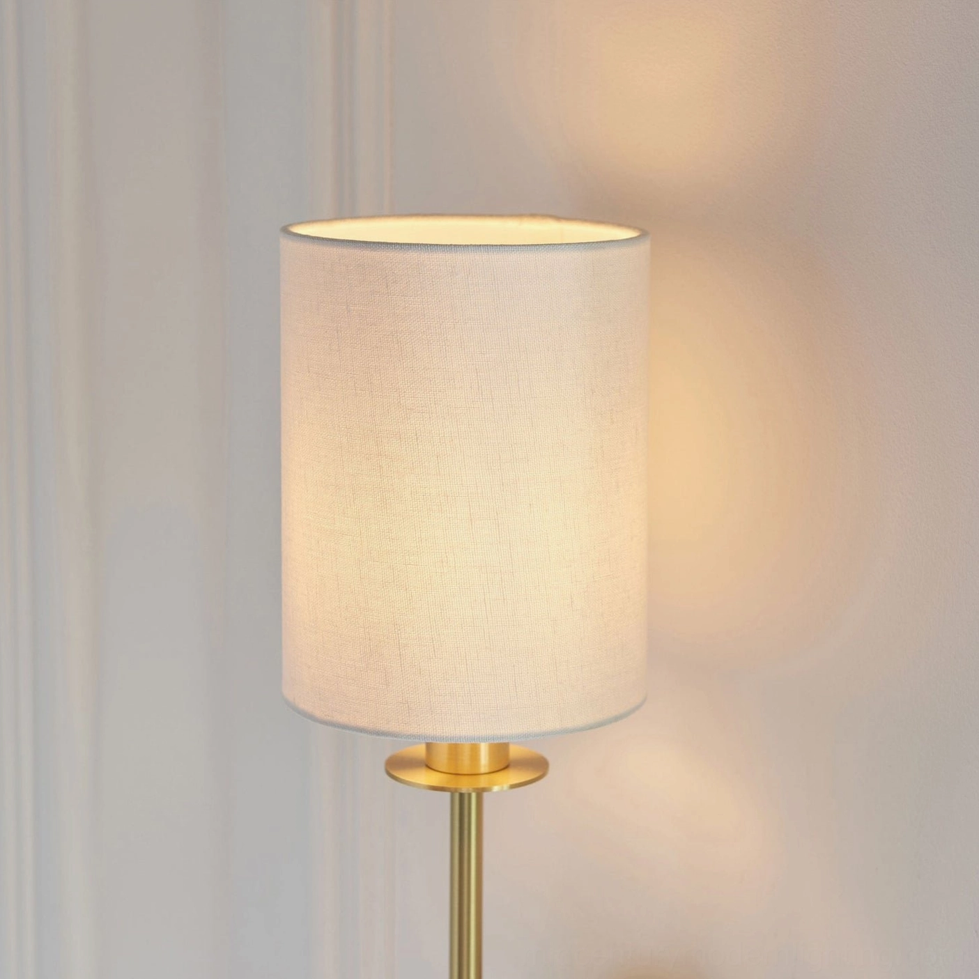 Kington sconce thick white linen shade with polished gold metal stem and rod connection