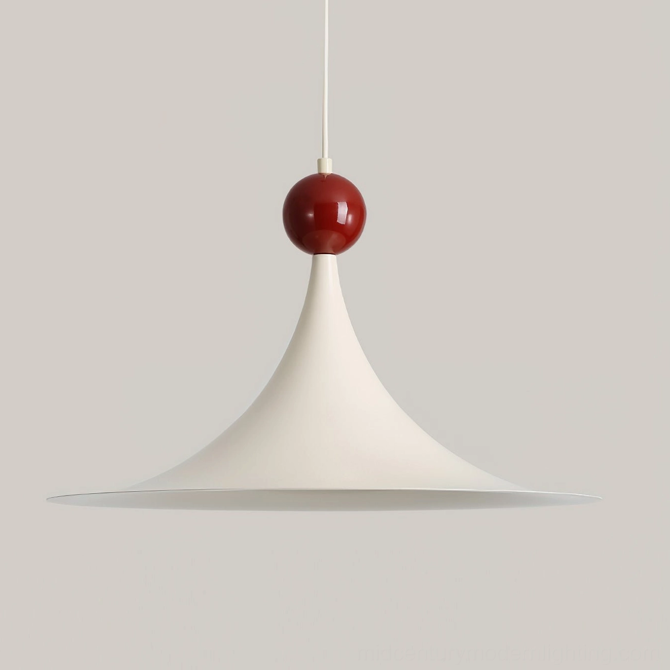 Front low-angle view of Kinvara pendant light showcasing sleek matte metal trumpet silhouette